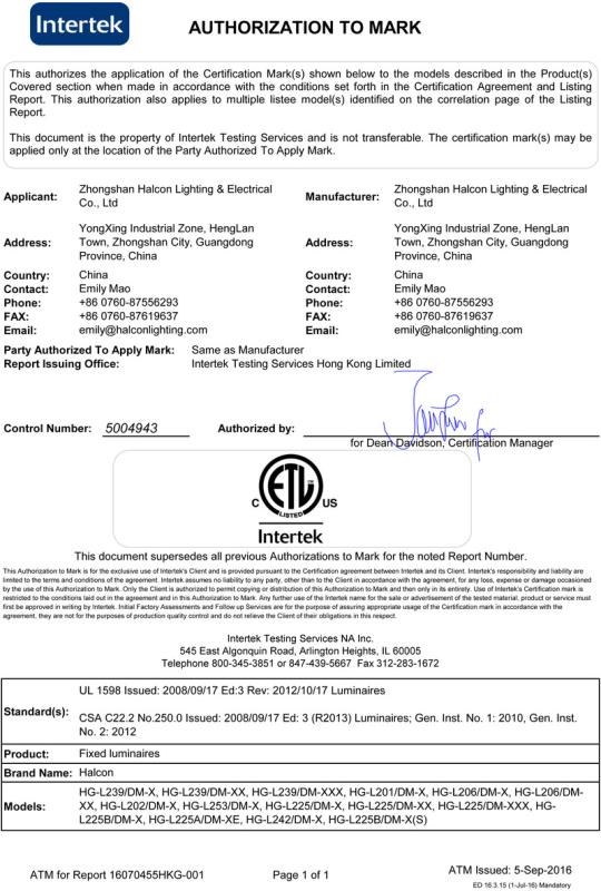 ETL - Zhongshan Halcon Lighting & Electrical Co., Ltd.