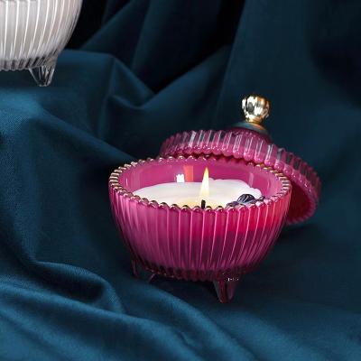 China Handmade Luxury Recycled Glass Spar Candle Holder Candle Making Bareback Smokeless Decoration Glass Scented Candle Jar With Lid for sale