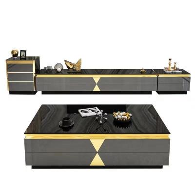 China (Size)Adjustable Luxury Glossy Living Room TV Stand And Coffee Table Set With Tempered Glass And Marble Stone for sale