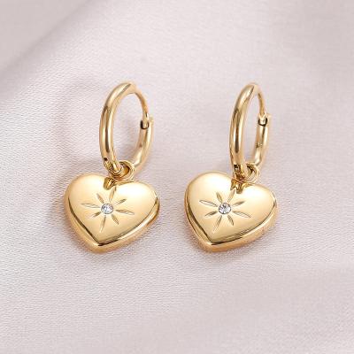 China New Trendy Fashion 14k Gold Plated Heart Crystal Sun Pendant Stainless Steel Circle Earrings For Women for sale