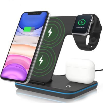 China ZHIKE 15W Qi Portable Fast Wireless Charger Stand for iPhone 12 iWatch AirPods iPhone Desktop 3 in 1 Wireless Charger Station for sale