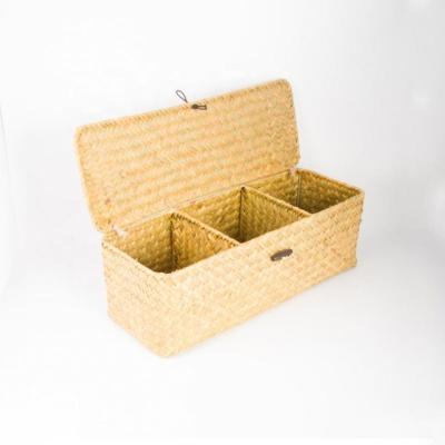 China Viable Multifunctional Block Woven Vegetable Plankton Straw Storage Basket Tissue Box Rectangle Three With Lid ZL060 for sale