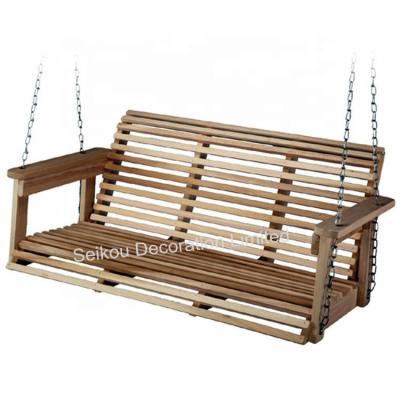 China Eco-friendly Wooden Double Back Chair Roll Handled Wooden Log Swing Chair Garden Swing Porch Chair With Hanging Chains for sale