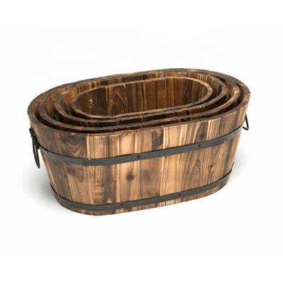 China Modern Wooden Oval Wood Planter Pot Wooden Barrel Planter Flower Pot, 4 Garden Furniture Set for sale