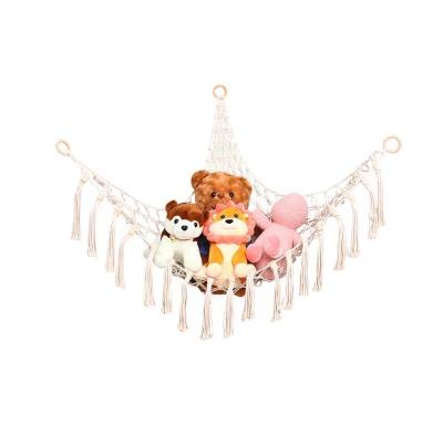 China Nordic Hand & Woven Toy Corner Hammock with Beads and Tassels Wooden Plush Toy Storage Hammock Home Decoration Macrame for sale