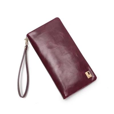 China Custom Made Wax Anti-theft Superior Leather Ladies Oil Fashion Wallet Long Coin Change Row Card Phone Wallet for sale