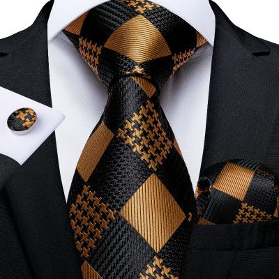 China Fashion High Quality Formal Casual Black Plaid Men's Gold Neck Ties Silk Set for sale