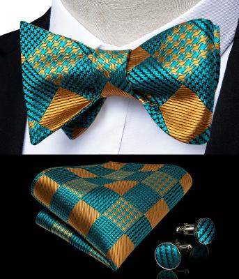 China OEM ODM Verified Custom Design Men's Cyan Bowties Gold Check Self Tie Wholesale Bow Ties For Men for sale