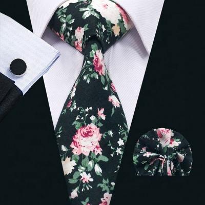 China Wholesale Mens Casual Formal Hi-Link Pink and Green Cotton Tie Pocket Square Black Floral Cufflinks for sale