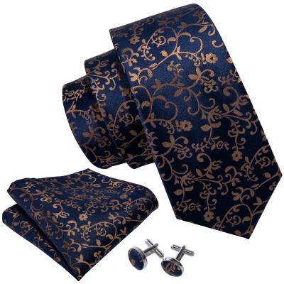 China Silk And Polyester Fashion Vintage Navy Gold Flower Silk Neck Ties For Men for sale