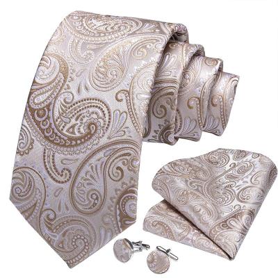 China New Design Champagne White Paisley Mens Silk Tie Casual Formal Set for sale