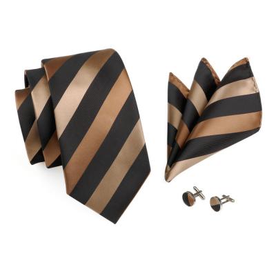 China Casual Formal Classic Woven Black Brown Striped Ties Silk Gravata Men Tie Pocket Square Cufflinks Set for sale