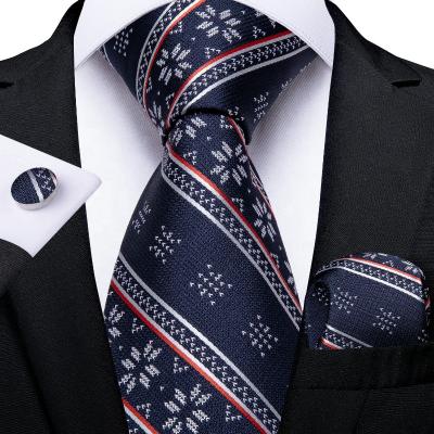 China Fashion Casual Formal Dark Blue White Striped Silk Flower Tie Handkerchief Cufflinks Set For Men for sale