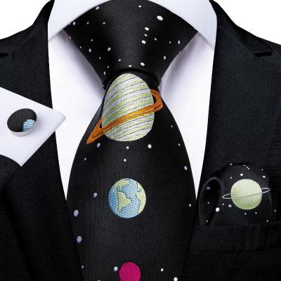 China Fashion Casual Formal Fashion Black Colorful Planet Jacquard Silk Tie Set For Men for sale