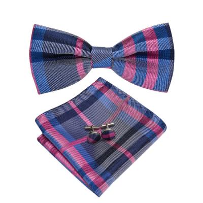 China Plaid Bowties Men's Butterfly Bowties and Pocket Square Checked Wholesale High Quality Silk Blue Pink Set for sale