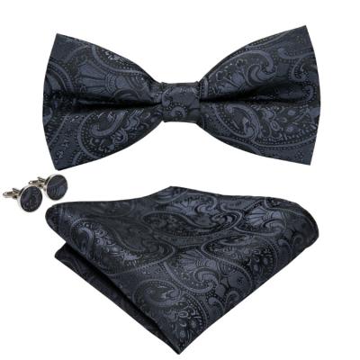 China Wholesale Custom Paisley Hi-Tie Logo Black Paisley Self Tie Bow Tie Handkerchief Cufflinks Set for sale