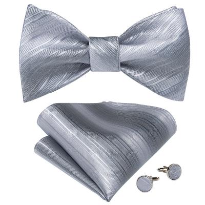 China New Design Gray Silk Self Tie Bow Handmade Ties And Handkerchief Set For Men for sale