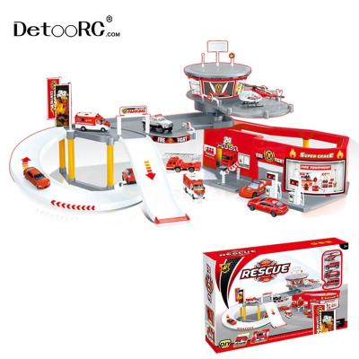 China Fire Rescure Station Parking Lot Detoo Fire Fighting Truck Boys Toy Set For Kids Role Play Toys For Kids Car Parking Playing Set for sale