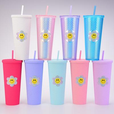 China Sustainable Custom logo 24 oz Plastic Cup Diamond Drinking In Bulk Double Wall Reusable Plastic Tumblers Cups 24oz Studded Tumbler for sale