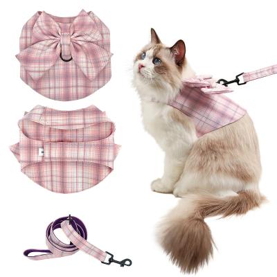 China New Designer Fashion Pink Plaid Bow Tie Bow Knot Sleeveless Stocked Teddy Cat Dog Luxury Harness Leash Pet Vest Pet Puppy Stocked for sale