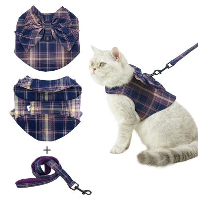 China Wholesale Princess Fashion Purple Plaid Soft Bow Tie Vest Puppy Pug Pet Harness Stocked Sleeveless Leash Set With Tow Rope for sale