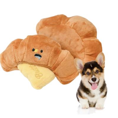 China Wholesale Supplier Pet Eco-Friendly Soft Stuffed Cute Plush Dog Croissants Funny Chew Bread Squeaky Sniffing Toy for sale