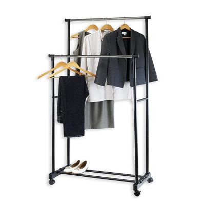 China Durable Double Pole Clothes Rack Simple Home Shoe Rack Adjustable Stainless Hanger With Wheels for sale