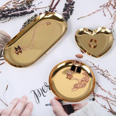 China Morden Style Gold Plating Stainless Steel Metal Jewelry Tray Nordic Oval Small Storage Tray Home Gold Serving Hotel Storage for sale