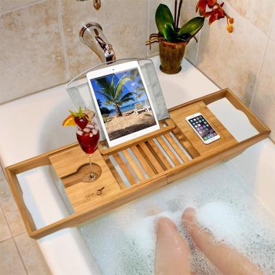 China Wholesale Viable Viable Increasing Adjustable Luxury Bamboo Bath Tub Tray For Your Book Caddy, Tub Shelf Or Smartphone for sale