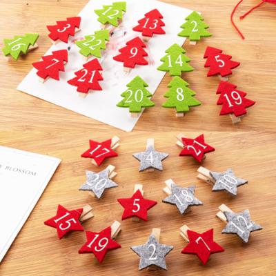 China Europe Europe Hemp Rope Decoration Photo Clip Christmas Tree Shape 24 Digital Christmas Wooden Clips for sale