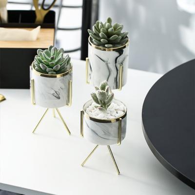 China Wholesale Modern Iron Frame Ceramic Succulents Pot Bulk Cheap Ceramic Flower Pot For Desktop Decoration for sale