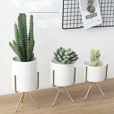 China Wholesale Modern Modern In Small Pots Of Mini Ceramics Plant Flower Home Running Succulent Indoor Decor Pot With Iron Metal Stand for sale