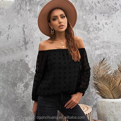 China Anti-pilling Anti-pilling 2022 Long Dot Shirts Summer Fashion Chiffon Women Tops Off Shoulder Flannel Shirts Blouses for sale