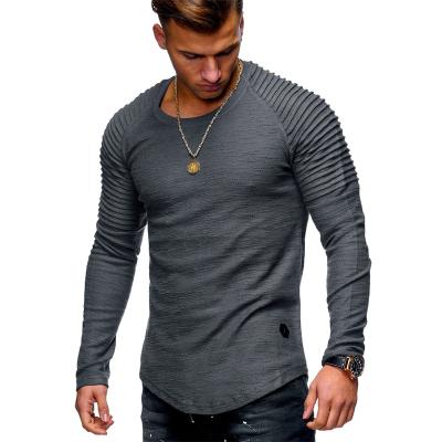 China Anti-Wrinkle Long Sleeve Round Thin T-shirt Solid Color Anti-Wrinkle Winter Collar Casual Stripe Ruffled Chiffon-Sleeve Mens T-shirts for sale