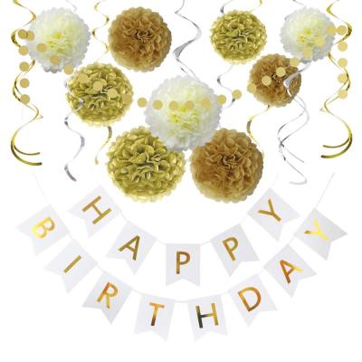 China 100% Eco-Friendly Happy Birthday Banners with Fabric Pom Pom, Gold and White Birthday Party Decoration for sale