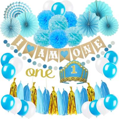 China 100% Eco-Friendly Blue And Gold Happy Birthday Baby Boy First 1st Birthday Party Decoration Supplies for sale