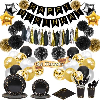 China Black And Gold Disposable Eco - Friendly Adult Birthday Party Supplies Tableware Supplies Set for sale