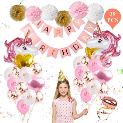 China 100% Eco-friendly Unicorn Balloon Birthday Party Supplies Decorations With Happy Birthday Banner Tissue Paper Flower for sale