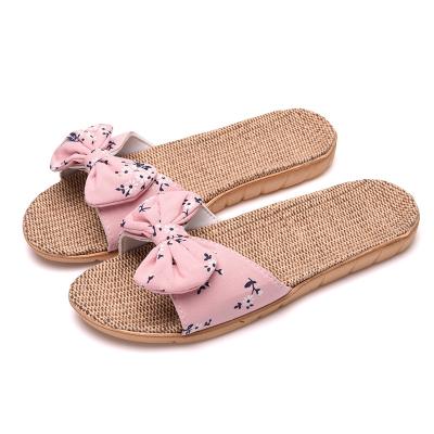 China Fashion Trend Summer Indoor Slipper Ladies Beach Non-slip Soft-soled Bowknot Slippers Flat Canvas Slippers Sandals for sale