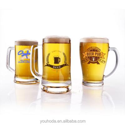 China 500ml 16oz beer decal printing logo glass clear beer mug/thick beer glass mug with handle/rtl glass for sale