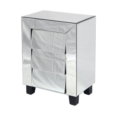 China New arrival cheap modern darwer F18 small angled slim silver mirrored 3 drawer bedside table nightstands for sale