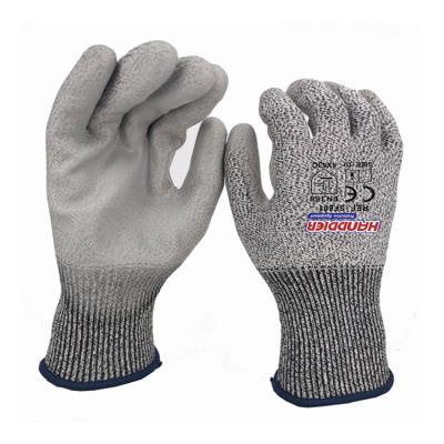 China Abrasion Resistance Heavy Duty /cut HPPE Level 5 PU Coated Resistant Cut Gloves Safety Work Gloves Grey-Black for sale