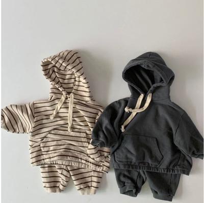 China Casual 2021 Fall New French Terry Hoodie Set Boys And Girls Loose Stripe Casual Pants Clothing Two Piece Sets for sale