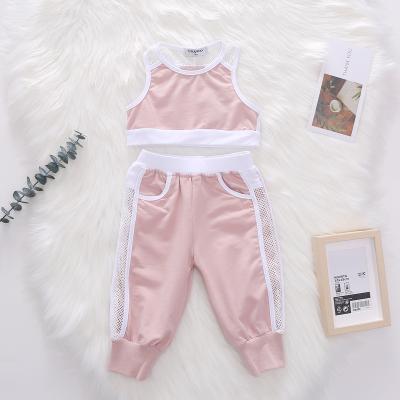 China Casual Hot Girl's Cotton Sports Mesh Vest Pure Color Knitted Stretch 2 Piece Clothing Set Kids Wear Jogging Sets Two Piece Sport Set for sale