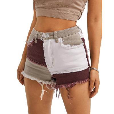 China 2021 Hot Sales Summer Colorblock QUICK DRY Waist Fashion Western Women High Waist Shorts Jeans for sale