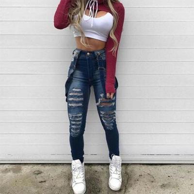 China New YZP Street Fashion Viable Casual Women's Hippie High Waist Pants Denim Jumpsuits Ripped Jeans Women for sale