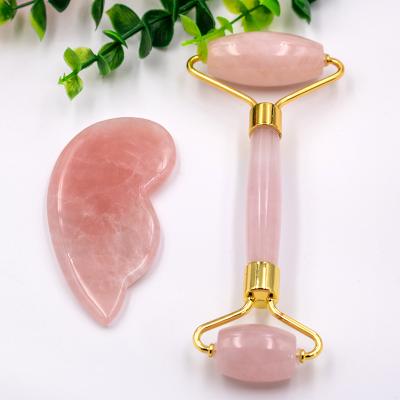 China Dual Rollers/Portable/Cool/Comfortable Crystal Rose Quartz Stone Massage Tool Natural Facial Beauty Set Jade Facial Roller Gua Sha Scraping Board for sale