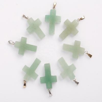 China Charms Wholesale Charm Natural Crystal Green Aventurine Stone Cross Pendants For Jewelry Making 18x25mm for sale