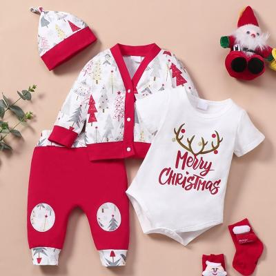 China QUICK DRY Hot Selling Baby Clothes Christmas Clothes 4 Pcs Sets Short Sleeve Bodysuit+coats+trousers+hat Festival Cotton Baby Clothes 0-18M Cotton for sale