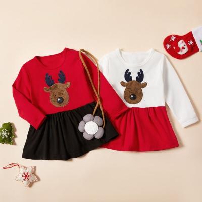 China Christmas Line One Years Of Breathable High Quality Patchwork Embroidery Christmas Deer Party Princess Girl Dress 1 To 6 Kids Dress for sale